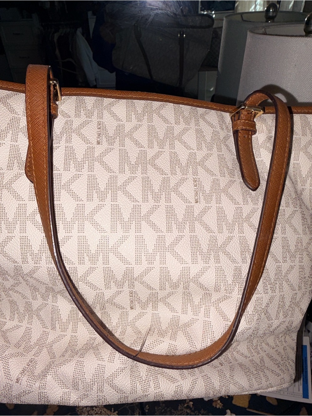 Michael Kors Cream Logo Tote with Brown Leather Trim